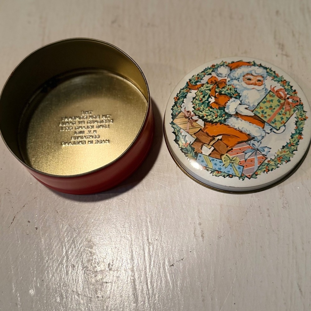 Vintage Santa Christmas Round Tin Container Storage Box Lid Red Collectible